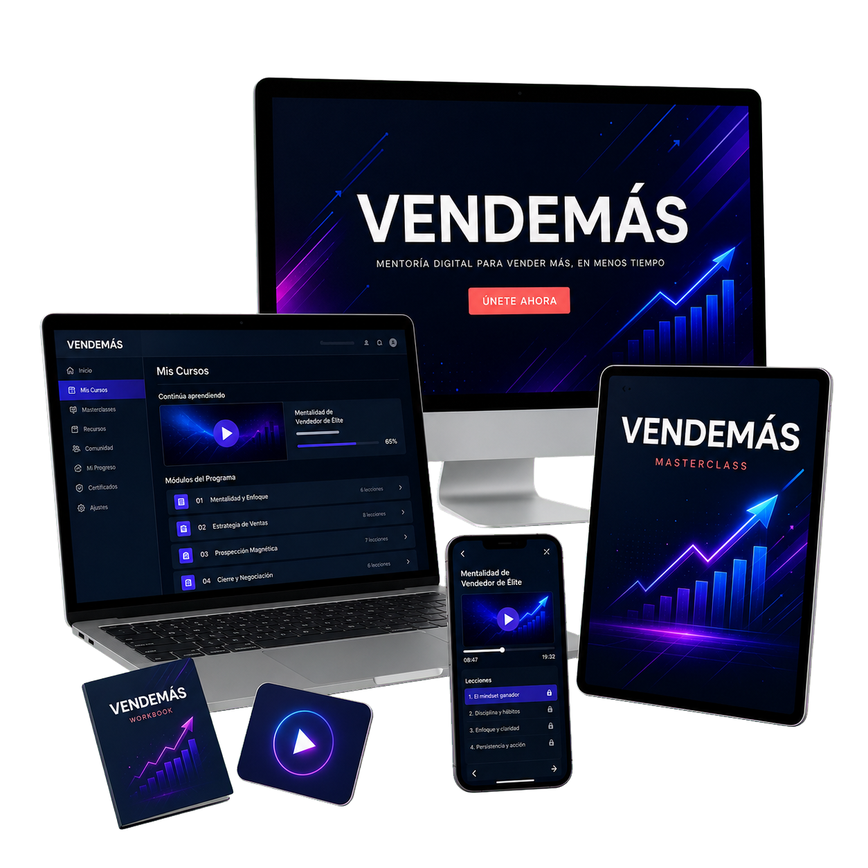 Mockup de la Maestría Vendemás en múltiples dispositivos